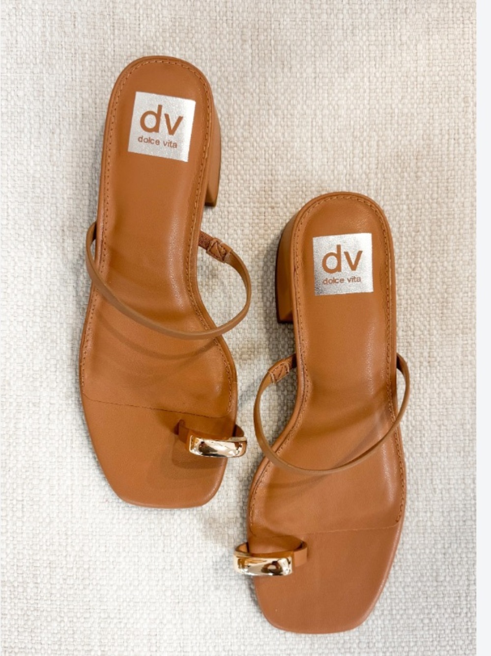 DV by Dolce Vita Tan Leather Toe-Ring Block Heel Sandals with Gold Accent